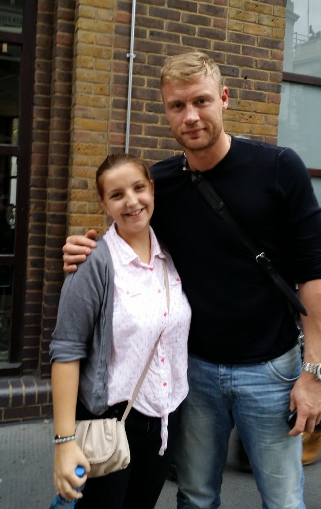 Freddie Flintoff with Hannah outside Matilda Theatre